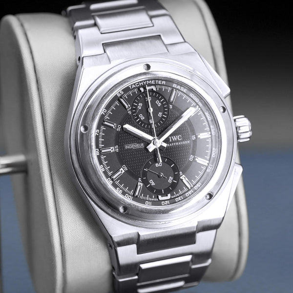 Angled view with reflection of IWC Ingenieur Chronograph IW372501 Black Dial