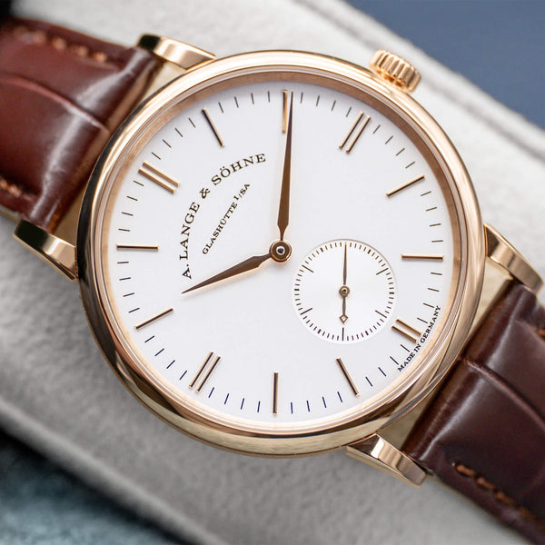 Angled macro view of A. Lange & Sohne Saxonia 219.032 Rose Gold