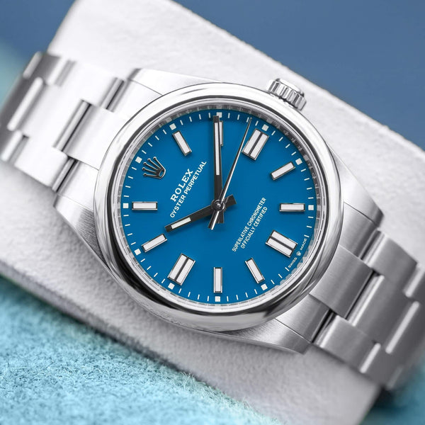 Front view of Rolex Oyster Perpetual 134300 Blue Dial