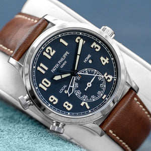 Front view of Patek Philippe Calatrava Travel Time 5524G Blue Dial