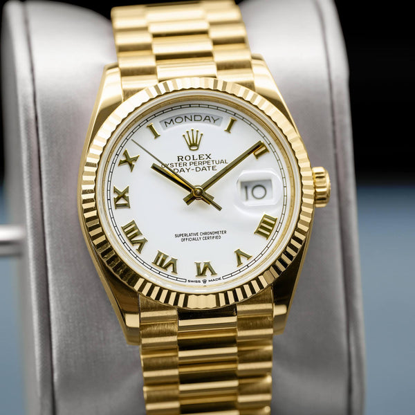Rolex Day Date Yellow Gold 128238 White Roman Dial 36mm Watch & Box