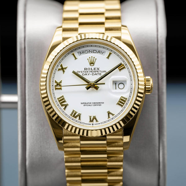 Rolex Day Date Yellow Gold 128238 White Roman Dial 36mm Watch & Box