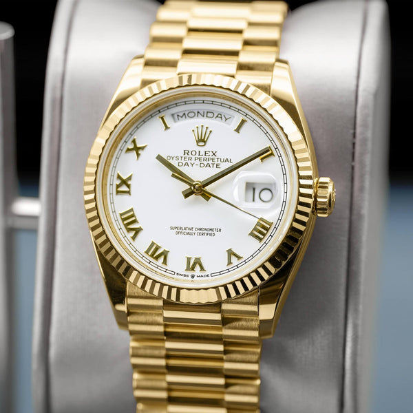 Rolex Day Date Yellow Gold 128238 White Roman Dial 36mm Watch & Box