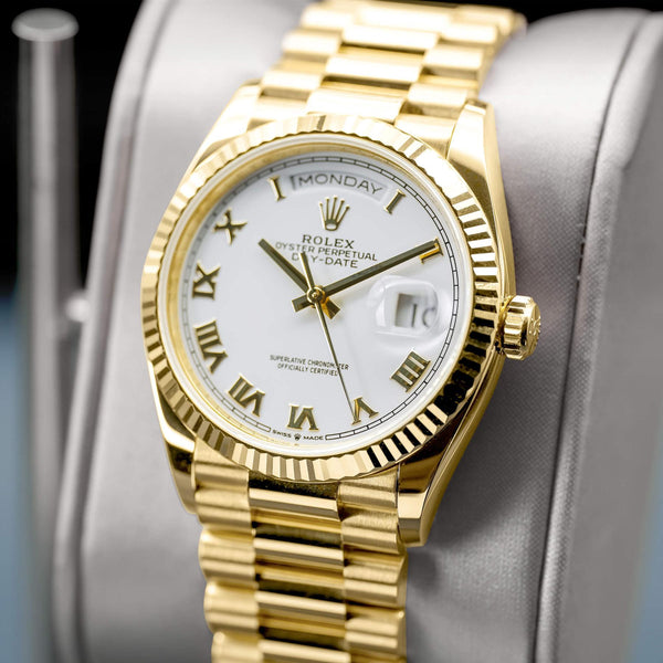 Rolex Day Date Yellow Gold 128238 White Roman Dial 36mm Watch & Box