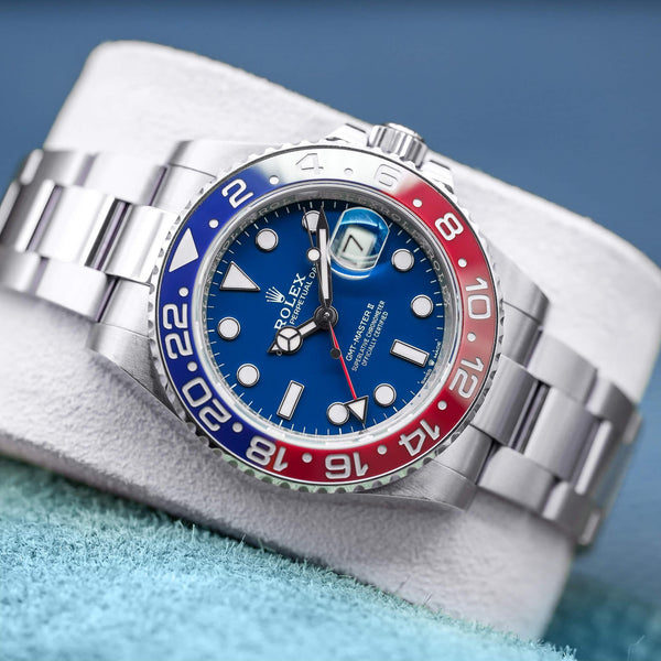 Front view of Rolex GMT-Master II “Pepsi” 126719BLRO White Gold