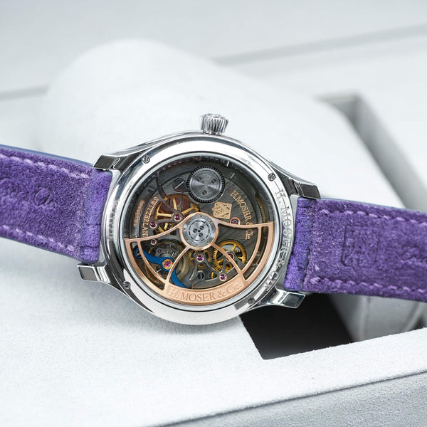 Caseback of H. Moser & Cie Centre Seconds Purple Enamel 1201-1200 showing movement