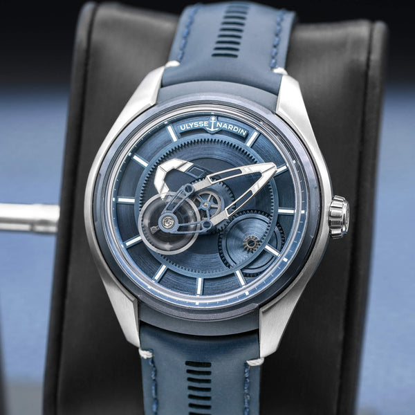 Slight angled view showing crown on Ulysse Nardin Freak X Titanium Blue Dial 