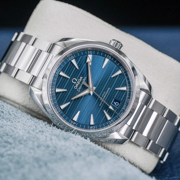 Front view of Omega Seamaster Aqua Terra Blue Teak Dial 
